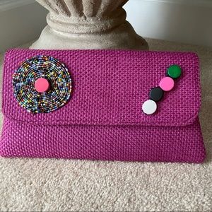 Vintage Pink Linen Multicolor Embellished Envelope Clutch